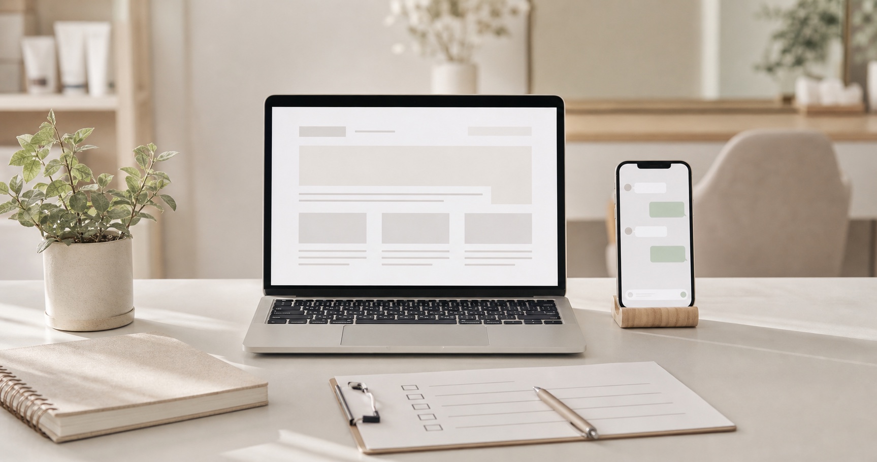 パソコンとスマートフォンでWebサイトとチャット導線を確認している机